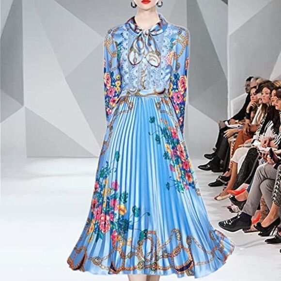 Dalia Macphee Women Lace Mosaic High Waist Long Sleeve Pleated Print Dre… - Picture 6 of 16